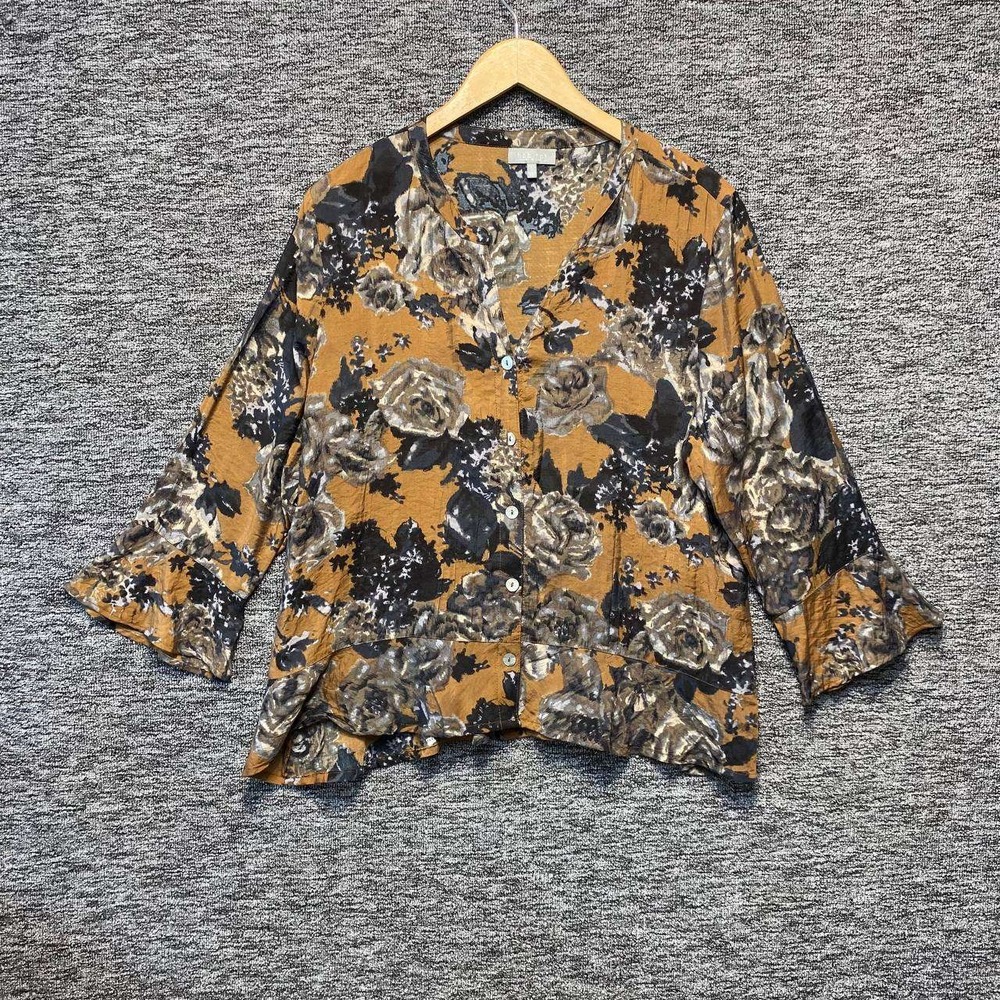Habitat Express Yourself Blouse Women Large Mustard Floral Peplum Hem Boho Earty